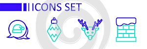 Set line Christmas chimney, Reindeer, toy and Santa Claus hat icon. Vector