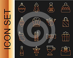 Set line Christmas postcard, Gift box, shopping bag, Santa Claus gift, snow globe, ball, and snowman icon. Vector