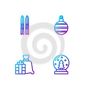 Set line Christmas snow globe, Santa Claus bag gift, Ski and sticks and ball. Gradient color icons. Vector