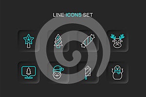 Set line Christmas snowman, Firework rocket, Santa Claus hat and beard, tree, Reindeer, Candy, and star icon. Vector