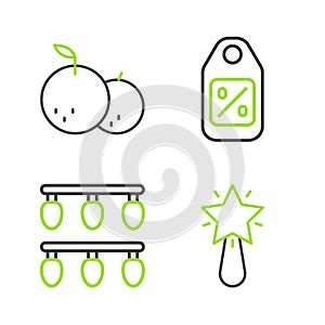 Set line Christmas star, lights, Price tag with Sale and Tangerine icon. Vector