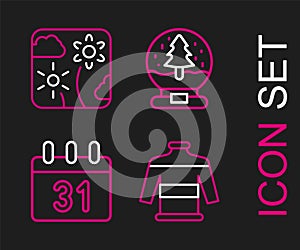 Set line Christmas sweater, Calendar, snow globe and Firework rocket icon. Vector