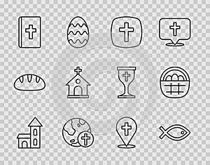 Set line Church building, Christian fish symbol, cross, with globe, Holy bible book, Location church and Basket easter