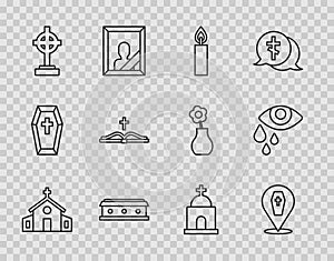 Set line Church building, Coffin with cross, Burning candle, Grave, Holy bible book, Old crypt and Tear eye icon. Vector