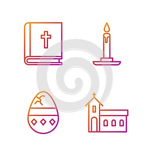 Set line Church building, Cracked egg, Holy bible book and Burning candle in candlestick. Gradient color icons. Vector.
