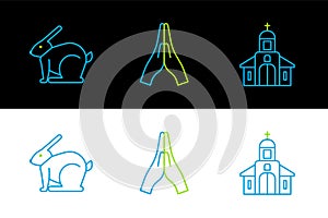 Set line Church building, Easter rabbit and Hands praying position icon. Vector