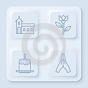 Set line Church building, Flower tulip, Easter cake and candle and Hands in praying position. White square button