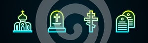 Set line Church building, Grave with tombstone, Christian cross and Holy bible book. Glowing neon icon. Vector