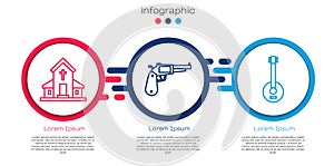 Set line Church building, Revolver gun and Banjo. Business infographic template. Vector