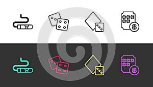 Set line Cigar, Game dice, and Lottery ball on bingo card on black and white. Vector