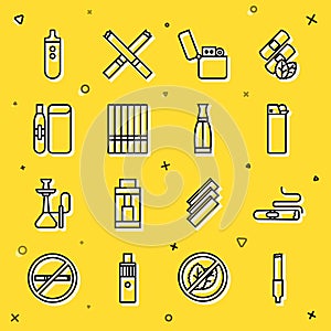 Set line Cigarette, Lighter, Electronic cigarette, and Vape liquid bottle icon. Vector