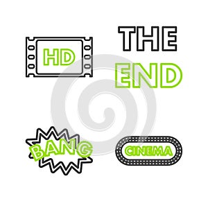 Set line Cinema poster design template, Bang boom text speech bubble balloon, The End handwritten inscription and 4k