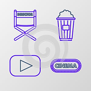 Set line Cinema poster design template, Play, Popcorn cardboard box and Director movie chair icon. Vector