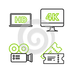 Set line Cinema ticket, camera, Computer PC monitor with 4k video technology and Laptop screen HD icon. Vector