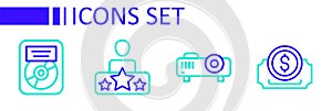 Set line Cinema ticket, Movie, film, media projector, Actor star and CD disk award frame icon. Vector