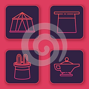 Set line Circus tent, Magician hat and rabbit ears, Magician hat and Magic lamp or Aladdin. Blue square button. Vector.