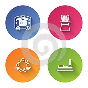 Set line Circus wagon, Magician hat and rabbit ears, Juggling ball and Bumper car. Color circle button. Vector