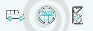 Set line City map navigation, Car and Taxi car roof icon. Vector