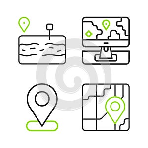 Set line City map navigation, Location, Monitor with location marker and Broken road icon. Vector
