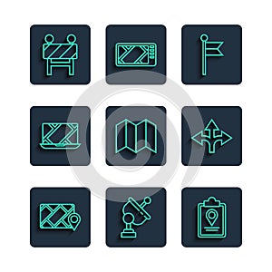 Set line City map navigation, Radar, Folded with location marker, Location, Road barrier and traffic sign icon. Vector