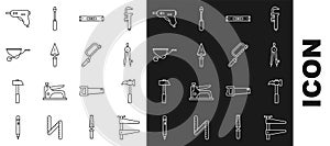 Set line Clamp tool, Claw hammer, Drawing compass, Construction bubble level, Trowel, Wheelbarrow, Electric hot glue gun