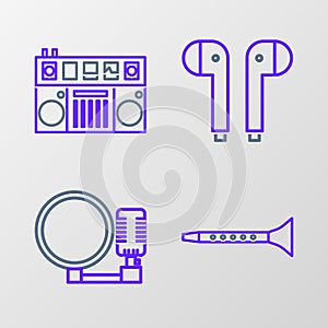 Set line Clarinet, Microphone, Air headphones and DJ remote for playing and mixing music icon. Vector