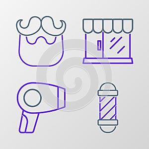 Set line Classic Barber shop pole, Hair dryer, Barbershop building and Mustache and beard icon. Vector