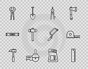 Set line Claw hammer, Ruler, Drawing compass, Angle grinder, Pincers and pliers, Sledgehammer, Cement bag and Roulette