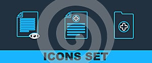 Set line Clinical record, Paper page with eye and icon. Vector