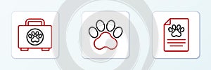 Set line Clinical record pet, Pet first aid kit and Paw print icon. Vector