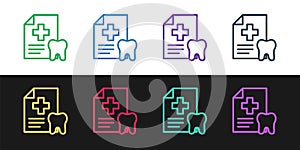 Set line Clipboard with dental card or patient medical records icon isolated on black and white background. Dental