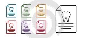 Set line Clipboard with dental card or patient medical records icon isolated on white background. Dental insurance