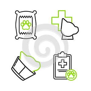 Set line Clipboard with medical clinical record pet, Veterinary symbol, and Bag of food for dog icon. Vector