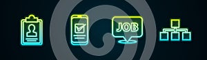 Set line Clipboard with resume, Smartphone, Speech bubble job and Hierarchy organogram chart. Glowing neon icon. Vector