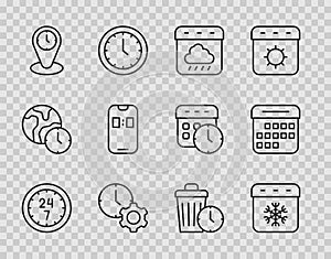 Set line Clock 24 hours, Calendar winter, autumn, Time management, zone clocks, Alarm app mobile, Waste of time and icon