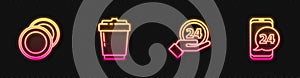 Set line Clock 24 hours, Plate, Coffee cup to go and Food ordering. Glowing neon icon. Vector