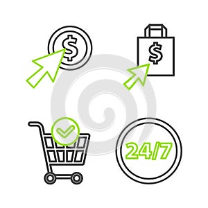 Set line Clock 24 hours, Shopping cart with check mark, Shoping bag and dollar and Cursor coin icon. Vector