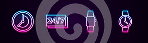 Set line Clock, 24 hours, Smartwatch and Wrist. Glowing neon icon. Vector