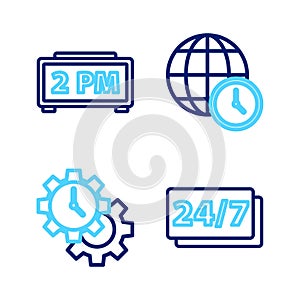 Set line Clock 24 hours, Time Management, World time and Digital alarm clock icon. Vector
