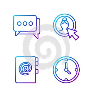 Set line Clock, Address book, Speech bubble chat and Create account screen. Gradient color icons. Vector