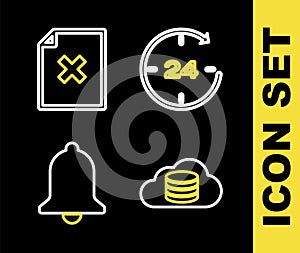 Set line Clock 24 hours, Cloud database, Ringing bell and Delete file document icon. Vector