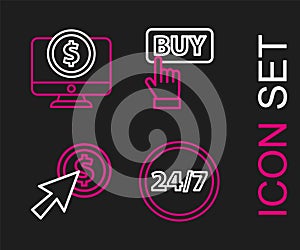 Set line Clock 24 hours, Cursor and coin, Buy button and Computer monitor with dollar icon. Vector