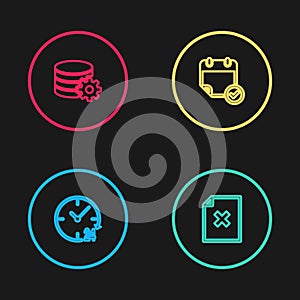 Set line Clock 24 hours, Delete file document, Calendar with check mark and Setting database server icon. Vector