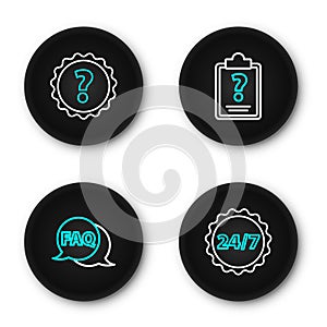 Set line Clock 24 hours, Speech bubble with FAQ, Clipboard question marks and Question icon. Vector