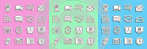 Set line Clock, Mail and e-mail, Envelope, Speech bubble chat, Document cursor, Location and icon. Vector