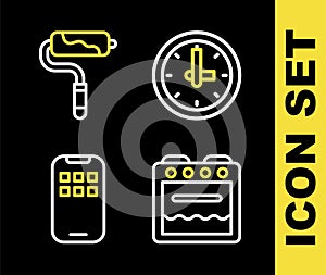 Set line Clock, Oven, Mobile Apps and Paint roller brush icon. Vector