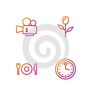 Set line Clock, Plate, fork and knife, Cinema camera and Flower rose. Gradient color icons. Vector