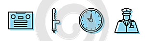 Set line Clock, Retro audio cassette tape, Police rubber baton and Police officer icon. Vector