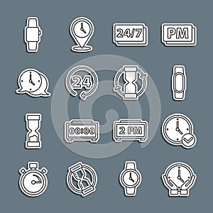 Set line Clock, Smartwatch, 24 hours, speech bubble, and Old hourglass icon. Vector