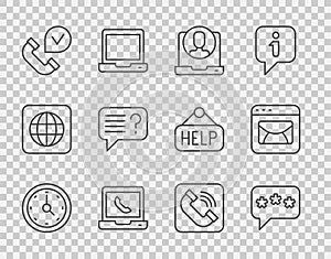 Set line Clock, Speech bubble chat, Telephone 24 hours support, handset, Unknown search, and Mail e-mail icon. Vector